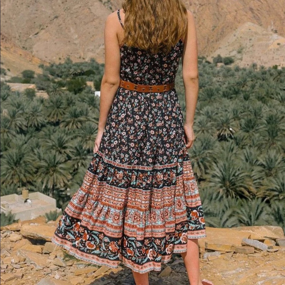 Boho Floral Gypsy Print Cami Maxi Dress Black - Picture 3 of 16
